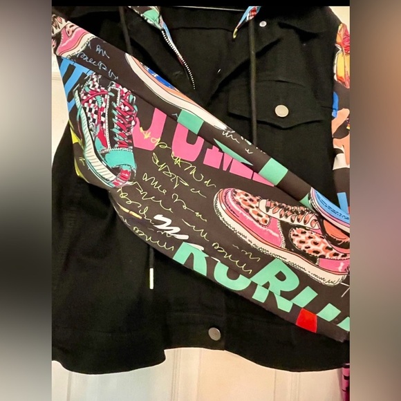 OO LALA Colorful Graphic Sleeve Hoodie Jacket Sz.L – Black Denim Front - Picture 7 of 10